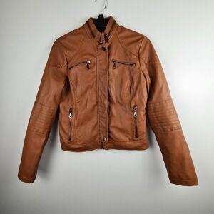 Maralyn & Me Juniors Faux-Leather Cognac Moto Zip Front Biker Jacket Medium
